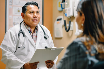Latin doctor is seen talking to a woman in a hospital room, discussing medical matters or treatment options.