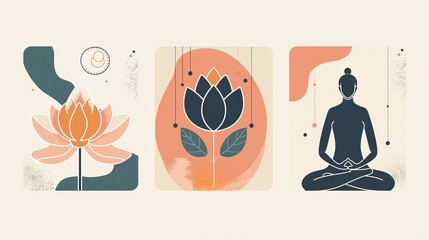 Trzy karty, jedna to osoba siedząca w pozycji lotosu i kwiat lotosu, tworzące uważność i medytację, skupienie na chwili obecnej i związku z naturą.  - obrazy, fototapety, plakaty
