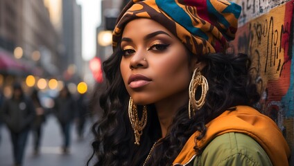 portrait of a black female hip hop musician on the street - obrazy, fototapety, plakaty