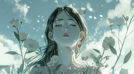 Kobieta stoi wśród kwiatów z zamkniętymi oczami, wyrażając spokój i zamyślenie.  - obrazy, fototapety, plakaty