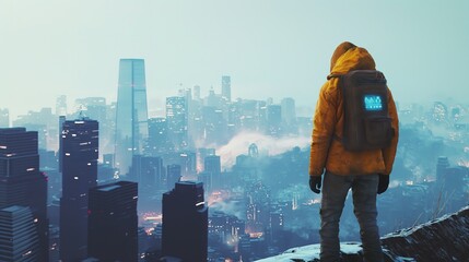 Mężczyzna z futurystycznym plecakiem na szczycie góry patrzący na zadymione miasto. Perspektywa z góry. © Artur