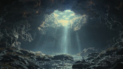 Mystical underground cave with luminous water and ethereal glow - obrazy, fototapety, plakaty