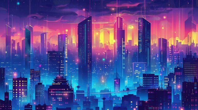 Na nocnym niebie widać wiele wysokich budynk&oacute;w, kt&oacute;re tworzą imponującą panoramę miasta. Światła miasta odbijają się w ciemnościach, tworząc niezwykły obraz miejskiego krajobrazu.