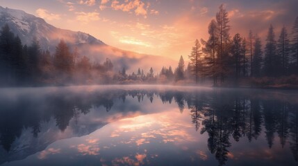 Jezioro otoczone drzewami, na tle wysokiej góry. Obraz przedstawia spokojną scenerię mglistej...