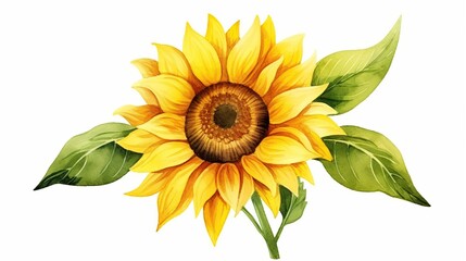 Watercolor yellow sun flower with green leaves on a white background. Hand drawn botanical summer flower concept.