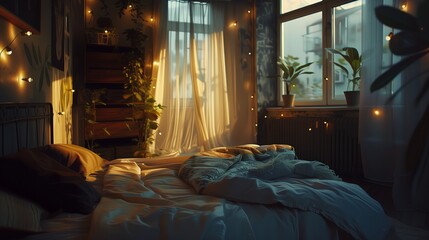 Wygodna sypialnia z podwójnym łóżkiem przy oknie, na którym wiszą lampki tworząc przytulną atmosferę.