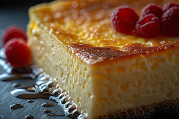 Close-up of homemade cottage cheese casserole with raspberries