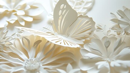 Na zdjęciu widać zbliżenie delikatnych papierowych kwiatów i motyla. Kwiaty wydają się być starannie wykonane i ułożone z dbałością o szczegóły. - obrazy, fototapety, plakaty