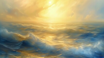 Obraz przedstawia wzburzone fale morskie, oświetlone delikatnym, złotym światłem. Malownicze widoki z pogranicza wody i nieba tworzą wspaniały, spokojny krajobraz. - obrazy, fototapety, plakaty