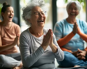 Seniors in a laughter yoga session - obrazy, fototapety, plakaty