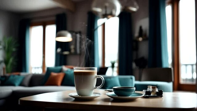 A beautiful view of the office with a cup of coffee on the table Seamless looping 4k time-lapse animation video background
