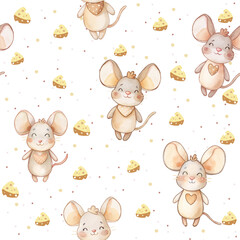 
seamless pattern mice mouse and cheese pastel colors adorable cute children illustration hand made no background