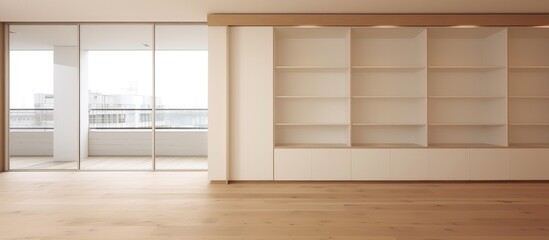 Obraz premium An empty room featuring a sleek bookshelf and sliding glass doors. This modern apartment boasts a minimalist design, with ample natural light pouring in through the doors.
