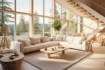 Sunlit Scandinavian-style living room with beige stairs, inviting sofas, and a wooden table, illuminated by large windows overlooking nature.