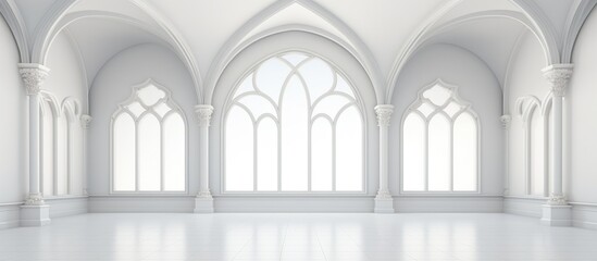 A white room with a multitude of windows and arched doorways, creating a bright and airy space with a minimalist design.