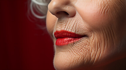 Amazing painted lips with texture, clear aged skin 70+, to demonstrate lip contouring