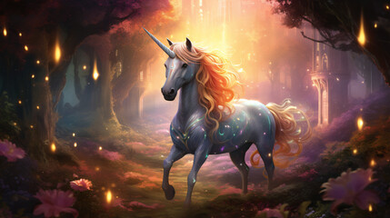 Obraz na płótnie Canvas Mystical Unicorn Frolic in Enchanted Meadow ..