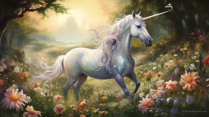 Obraz na płótnie Canvas Mystical Unicorn Frolic in Enchanted Meadow ..