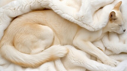  a cat curled up in a blanket on top of a white blanket on a bed of white blankets and blankets on top of each other.