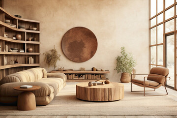 Tranquil lounge setting with a round wood coffee table, leather chair, ottoman, and sofa placed against a wall adorned with floating shelves.