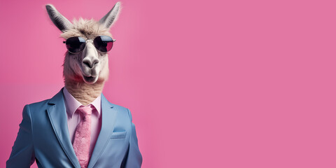 Llama portrait in elegant business outfit. Funny pink banner with copy space.