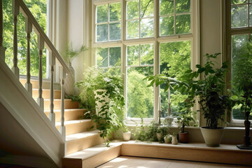 Beige staircase leading to a tranquil Scandinavian window space overlooking lush greenery.