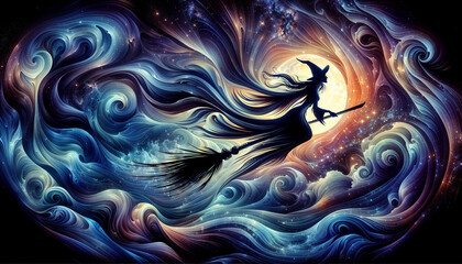 Obraz premium A sorceress with a broom soars through a starry, swirling cosmic backdrop.