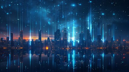 Obraz premium Futuristic cityscape with vibrant light streaks and digital skyscrapers