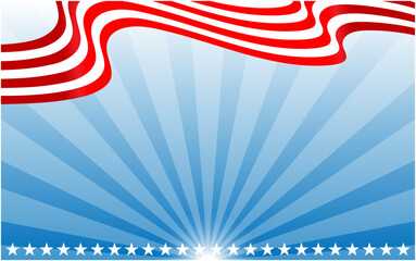 American flag waving ribbon on blue radiant background with copy space for text.