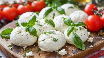  a wooden cutting board topped with mozzarella covered in cheese and basil next to a pile of tomatoes and tomatoes. - obrazy, fototapety, plakaty