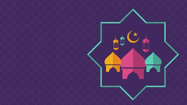 Background Animation for Ramadan Kareem Islamic Greeting. Crescent Moon And Star With Islamic Lantern. Colorful Mosque. Vibrant Color