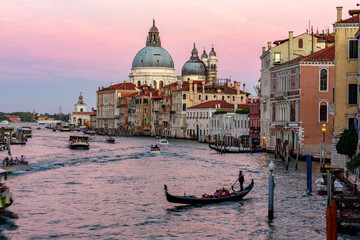 Grand canal and Santa Maria della Salute church at sunset, Venice, Italy - obrazy, fototapety, plakaty