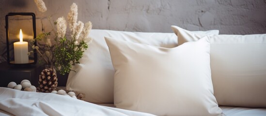 A bed with white pillows and a lit candle on a bedside table, creating a cozy and inviting atmosphere in a bedroom setting.
