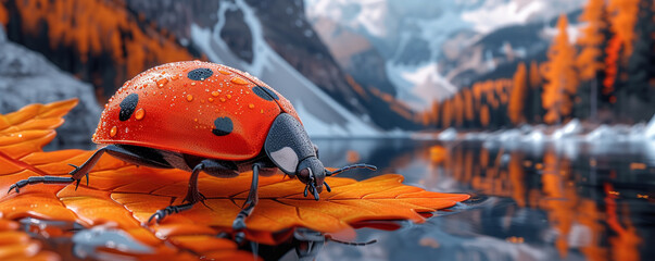 ladybug on a leaf - obrazy, fototapety, plakaty