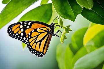 A monarch butterfly or monarch or  a milkweed butterfly or a milkweed or a common tiger or a wanderer or  black-veined brown (Danaus plexippus), emerging from its chrysalis, with its wings curled. - obrazy, fototapety, plakaty