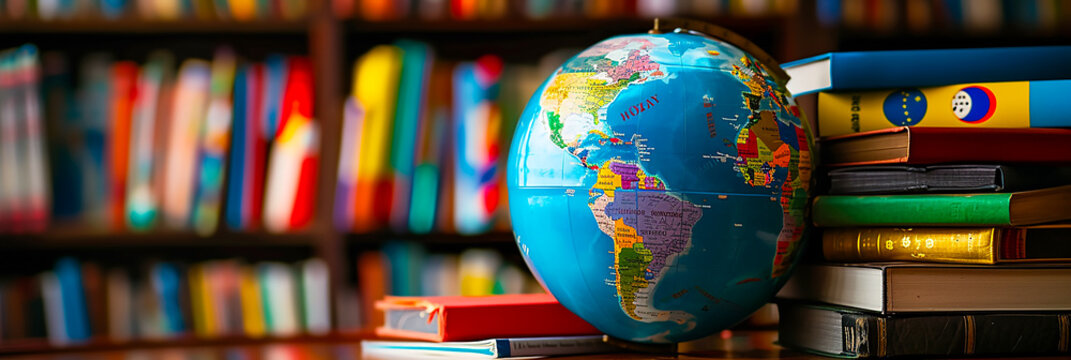 Image of a globe surrounded by many books.