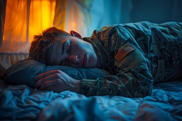 Young Soldier in Fatigues Taking a Restful Nap under Blue Light with Sunlight Filtering Through Window