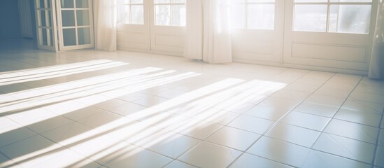 Bright sunlight floods the room through large windows, illuminating the white tile floor. The rays of sun create a warm and inviting atmosphere within the space.