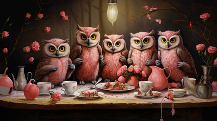 Owls at the dinner table on Valentines Day a whimsical