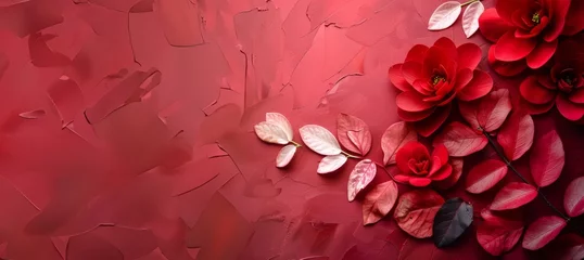 Fotobehang Camellias on textured wall © Natalia