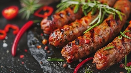  a couple of sausages sitting on top of a black plate next to red peppers and a sprig of rosemary. - obrazy, fototapety, plakaty
