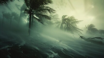 Extreme weather conditions. Very strong wind blows palm trees on island. Tropical storm. Bad weather concept. Flood on the beach. Flooding due to heavy rain. Dangerous thunderstorm. - obrazy, fototapety, plakaty
