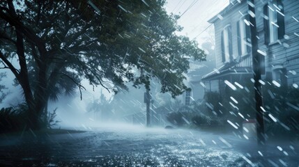 Extreme weather conditions. Very strong wind blows tree. Tropical storm. Bad weather concept. Flood on city street. Flooding due to heavy rain. Dangerous thunderstorm. - obrazy, fototapety, plakaty