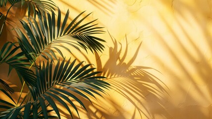 Palm shadows on a textured yellow wall, creating a tropical minimalist aesthetic