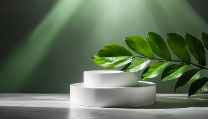 white podium with leaves and blurred green background