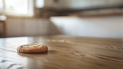  a cookie sitting on top of a wooden table next to a glass of milk and a bottle of milk on top of a wooden table.