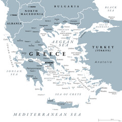 Greece, the Hellenic Republic, gray political map. Country in Southeast Europe on southern tip of the Balkan peninsula, with capital Athens. Bordered by the Aegean, Ionian, and the Mediterranean Sea.