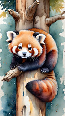 Red panda bear eating bamboo in the forest