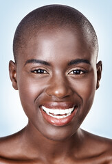 Portrait, beauty and black woman with skincare, makeup and dermatology on a white studio background. African person, face and model with wellness and healthy skin with aesthetic and shine with glow