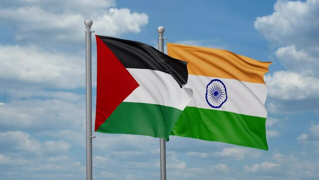 India and Palestine two flags waving together, looped video, two country relations concept